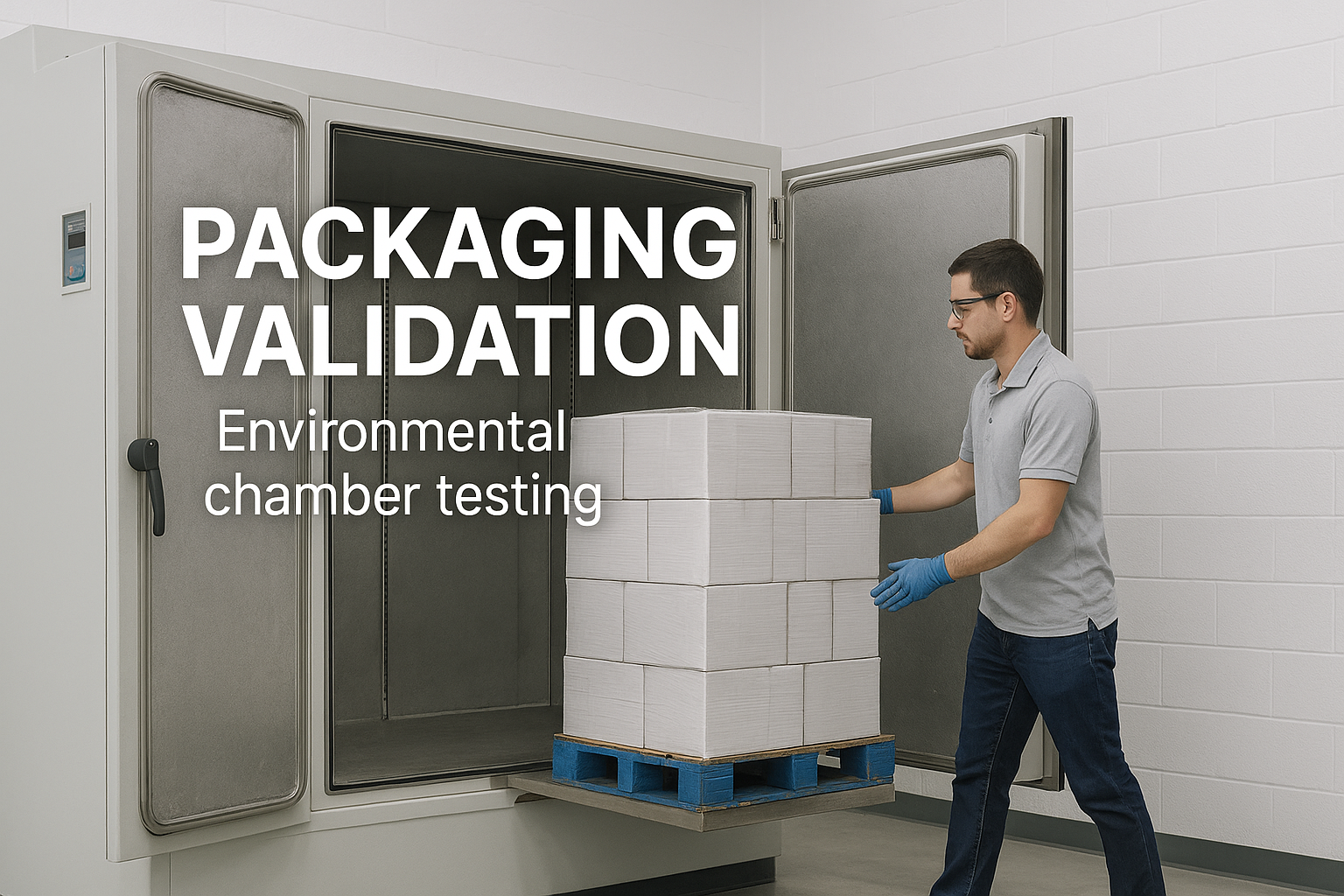 A technician loads a pallet of packaged boxes into a temperature controlled environmental chamber in a clean industrial lab during packaging validation testing.