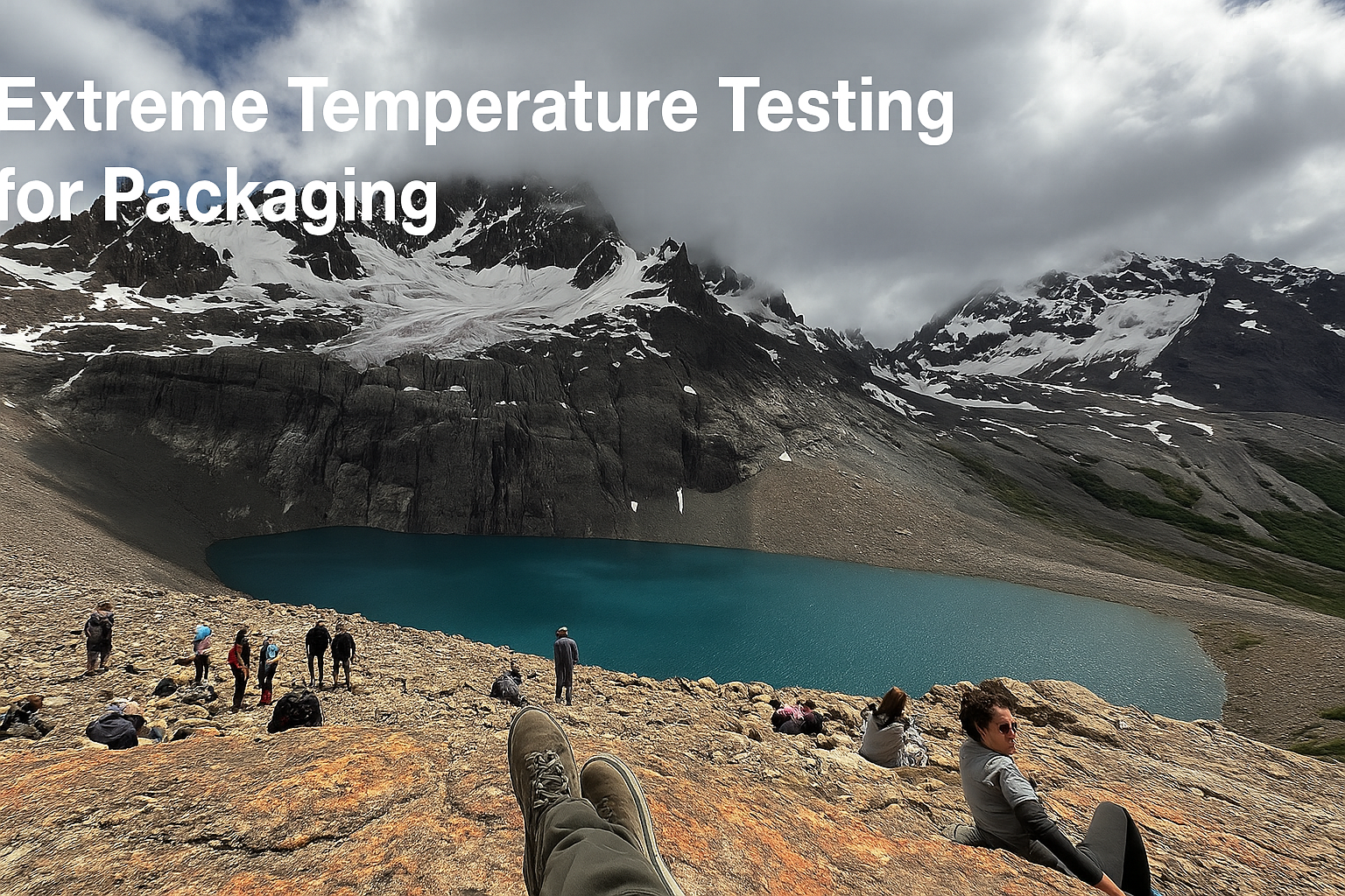 Mountain lake in Patagonia with hikers resting on rocky terrain, used to illustrate extreme temperature testing for packaging