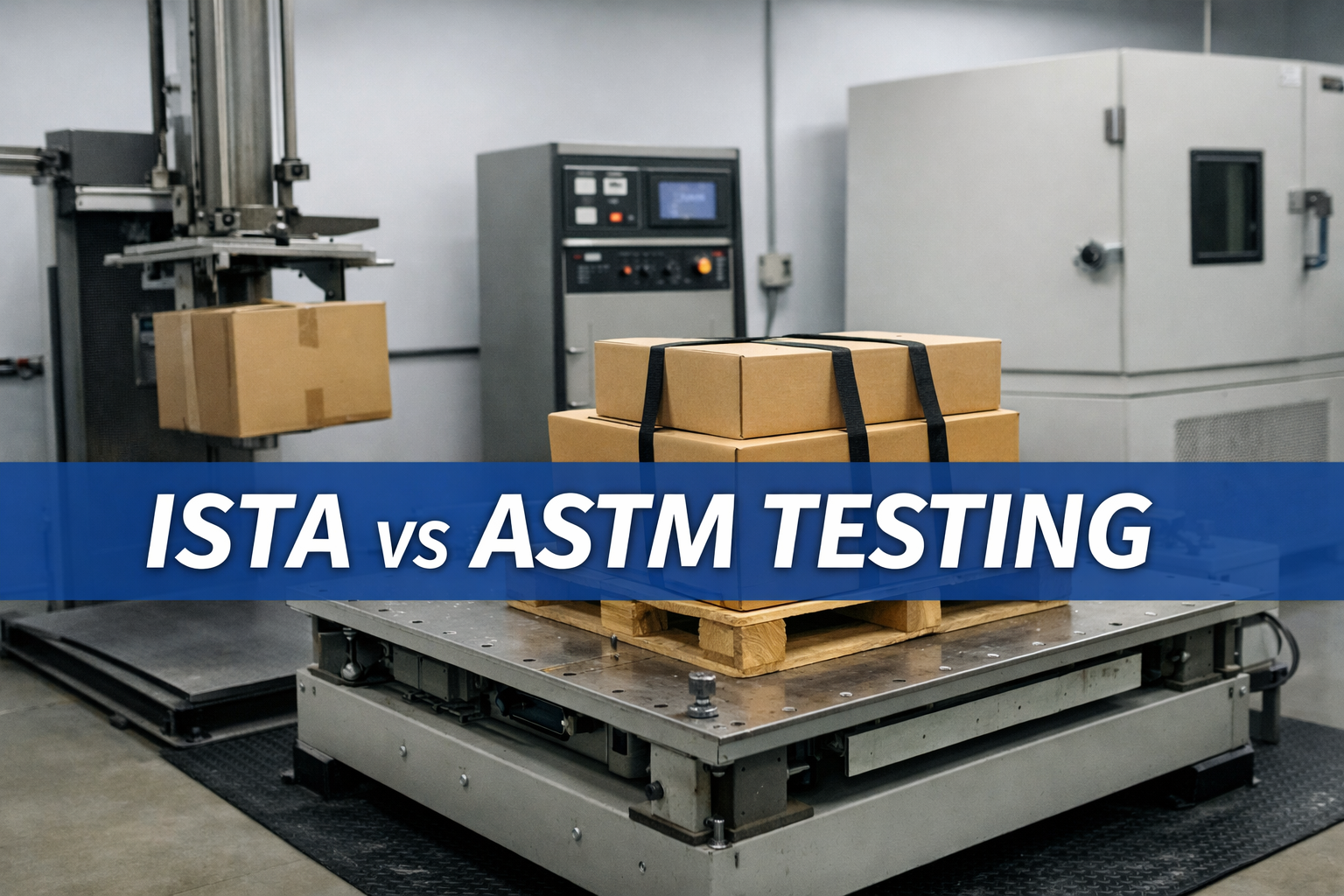 ISTA vs ASTM testing shown in a packaging validation lab with palletized boxes on vibration and drop test equipment