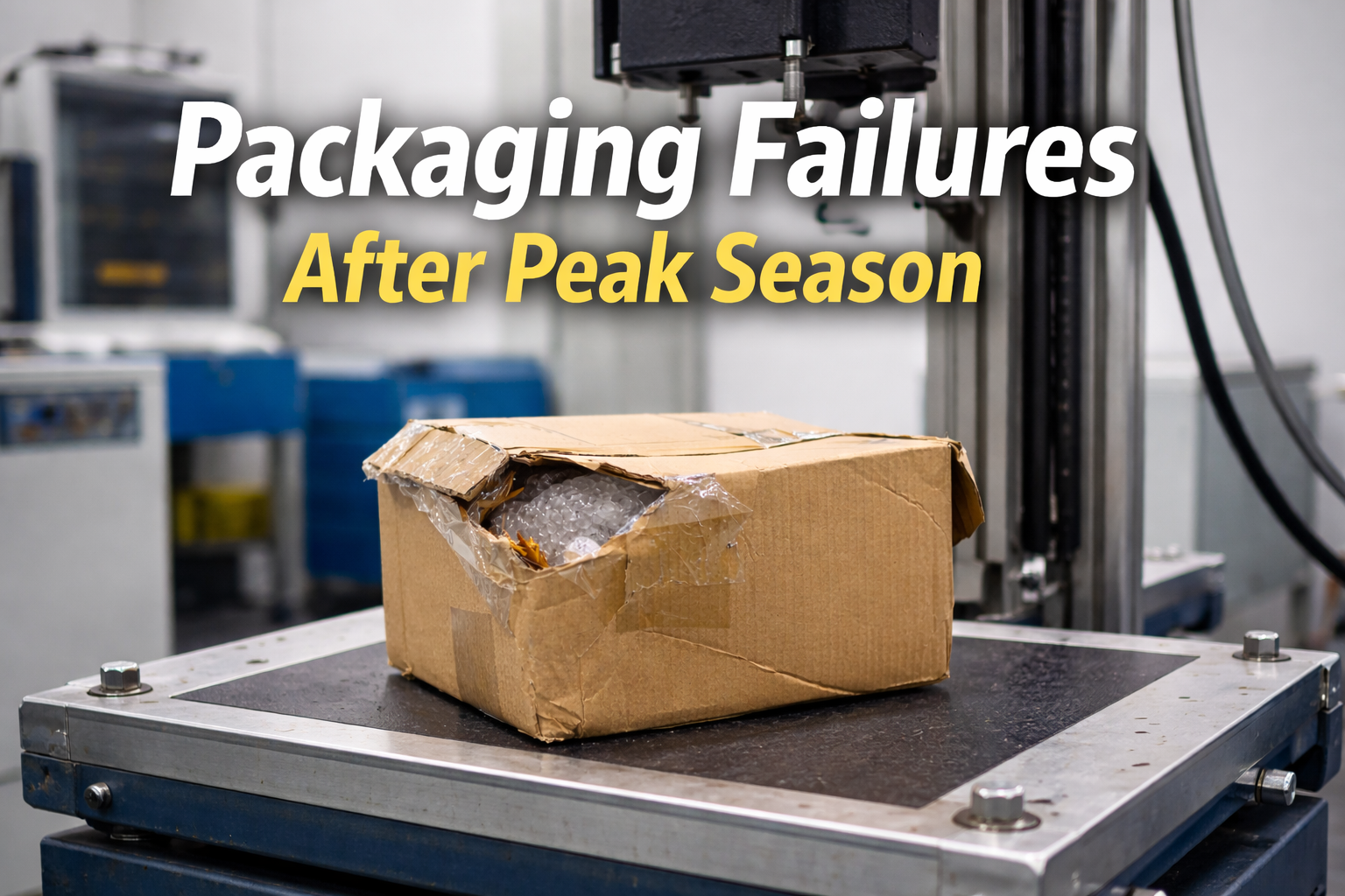 Packaging failures after peak season shown during a lab-based packaging drop test on a damaged corrugated box.