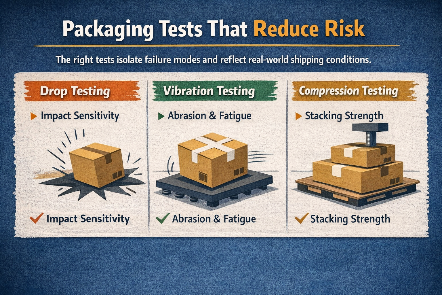 Packaging tests that reduce risk showing drop testing, vibration testing, and compression testing used to isolate shipping failure modes.