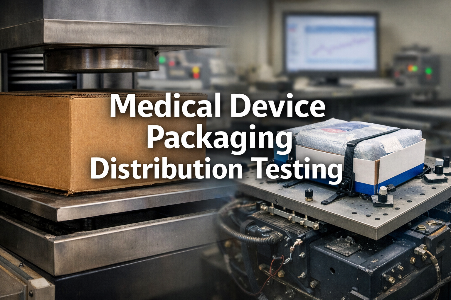 Medical Device Packaging Distribution Testing showing compression and vibration testing of medical device packaging in a laboratory environment