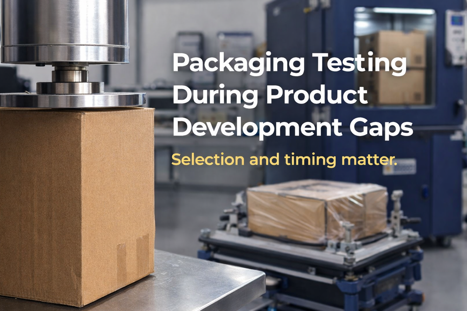packaging testing during product development Packaging testing during product development showing compression and vibration screening in a laboratory environment