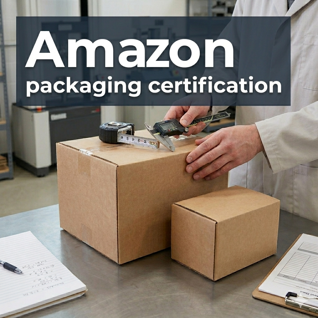 Amazon packaging certification evaluation with calipers and two corrugated boxes at gh Testing lab