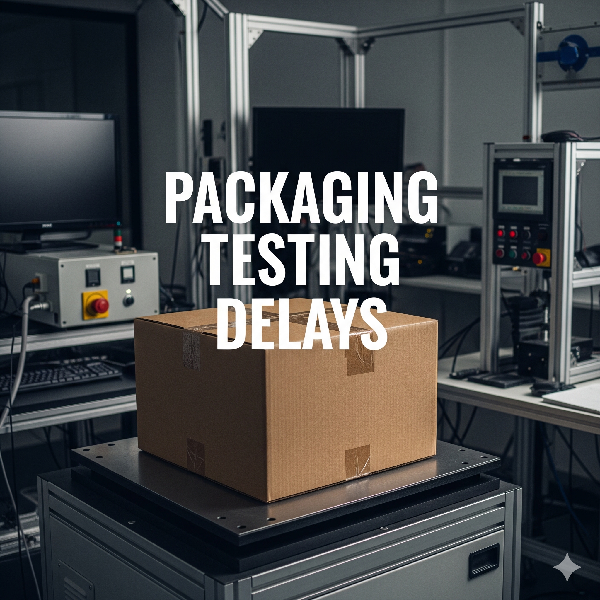 A corrugated cardboard box undergoing vibration testing on a technical machine in a package testing laboratory, with a text overlay reading "PACKAGING TESTING DELAYS".
