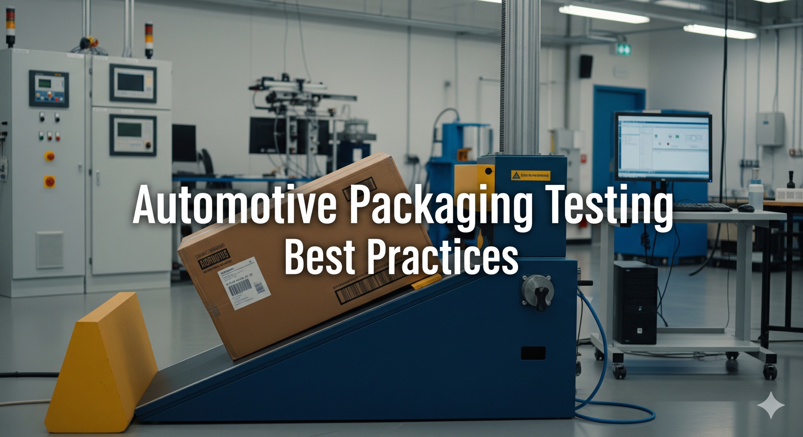 A professional photograph of an automotive packaging stress test. A heavy-duty corrugated cardboard shipping container is positioned on an incline impact tester, captured mid-slide as it collides with a barrier. The package has a generic label indicating automotive parts. In the background, there is industrial laboratory equipment, including control panels with illuminated displays, a computer workstation with a monitor displaying data, and other testing apparatus. A large, bold text overlay reads: "Automotive Packaging Testing Best Practices", centrally placed over the image in a sans-serif font, with "Automotive Packaging Testing" in a larger font size and "Best Practices" in a slightly smaller size below it.