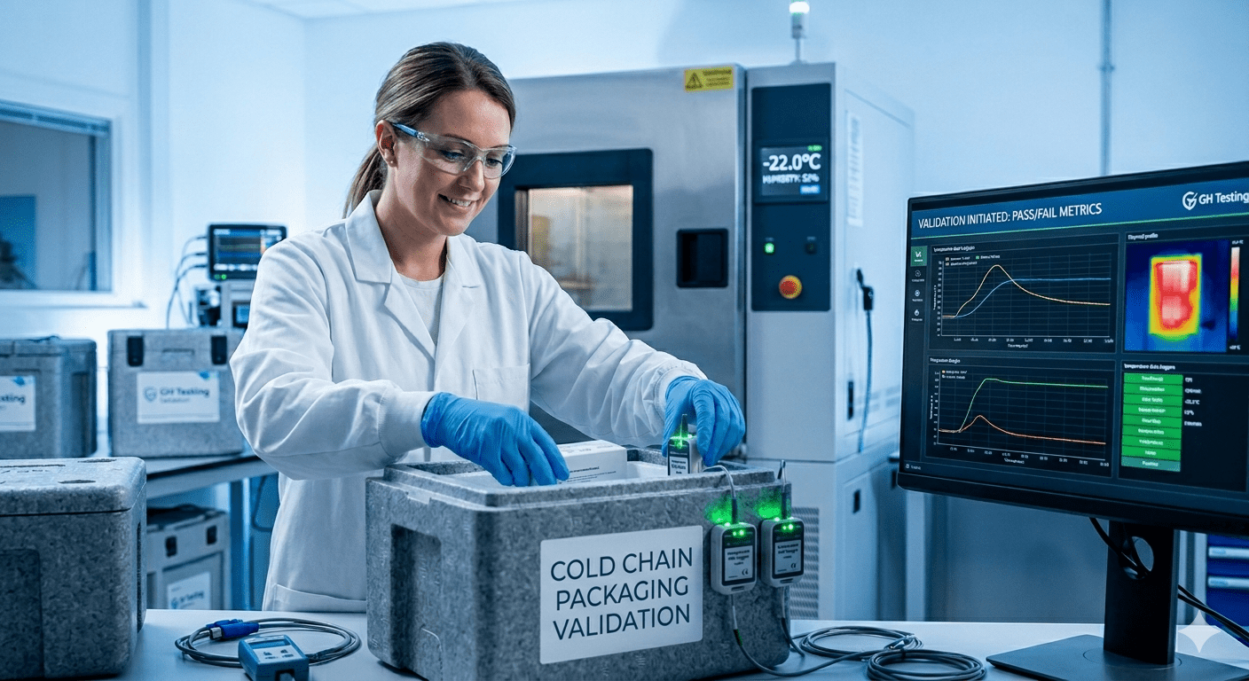 Cold chain packaging validation test setup at gh Package and Product Testing lab in Fairfield Ohio Cold chain packaging validation test setup at gh Package and Product Testing lab in Fairfield Ohio